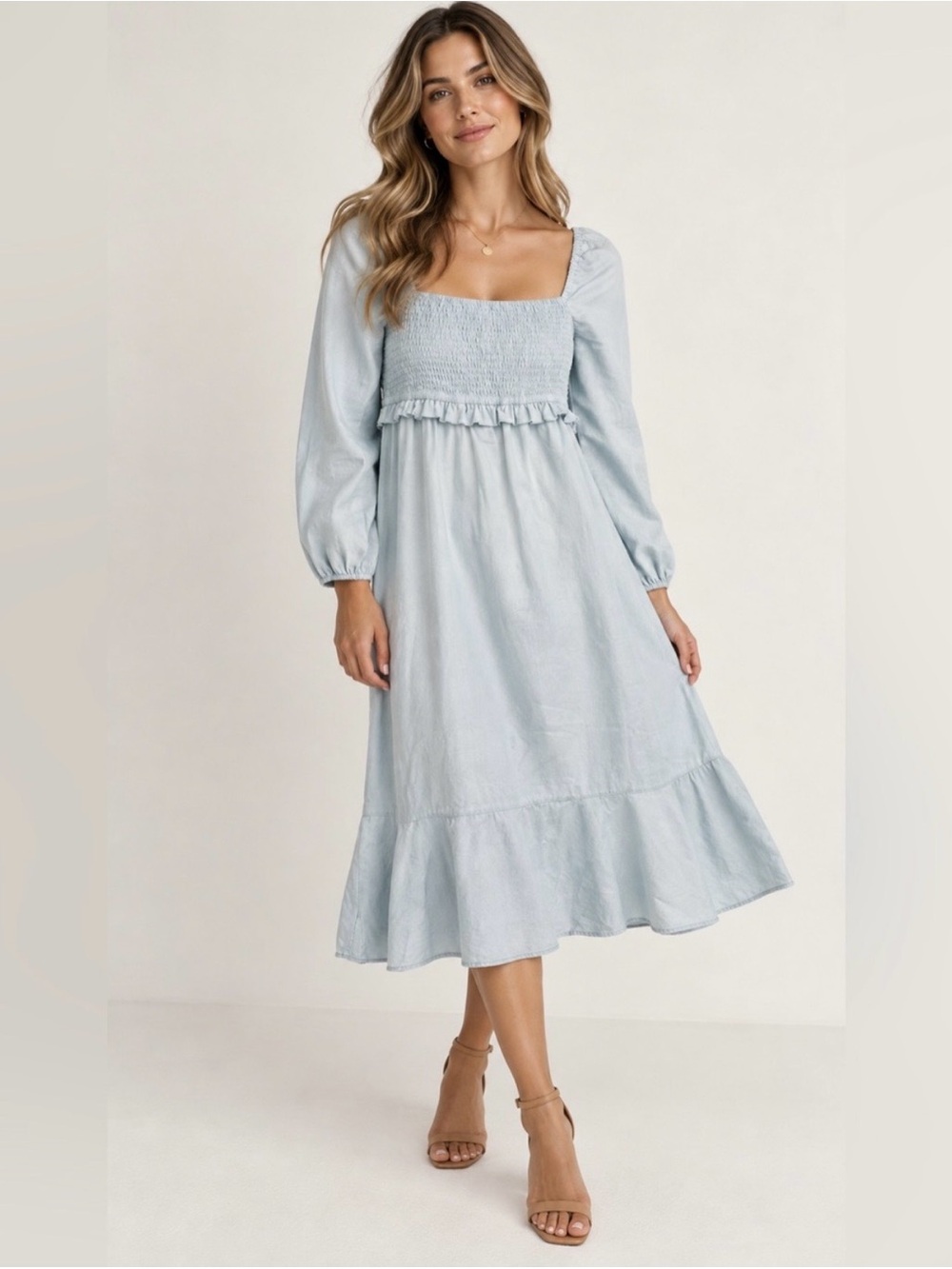 7 For All Mankind Linen Cotton Blend Long Sleeve Smocked Ruffle Dress Size Med